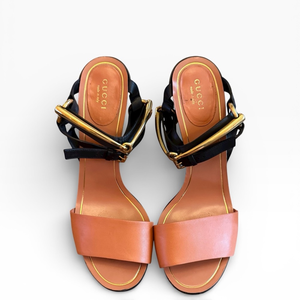 Gucci Horsebit Accent Leather Block Heel Sandals - Black & Cognac EU 38.5 US 8.5 - Picture 14 of 15